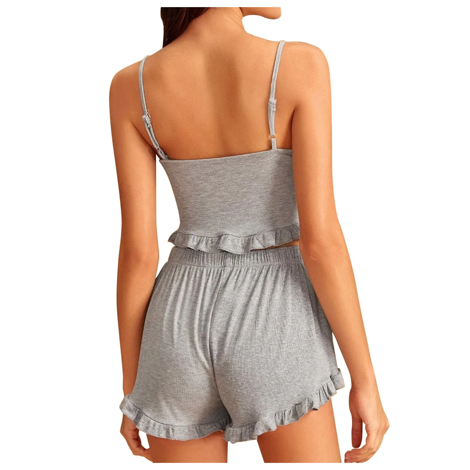 

Women Fashion O-Neck Sleeveless Solid Home Wear Two Pieces Sets Female Sexy Open Back Elastic Waist Sleepwear pajamas Set