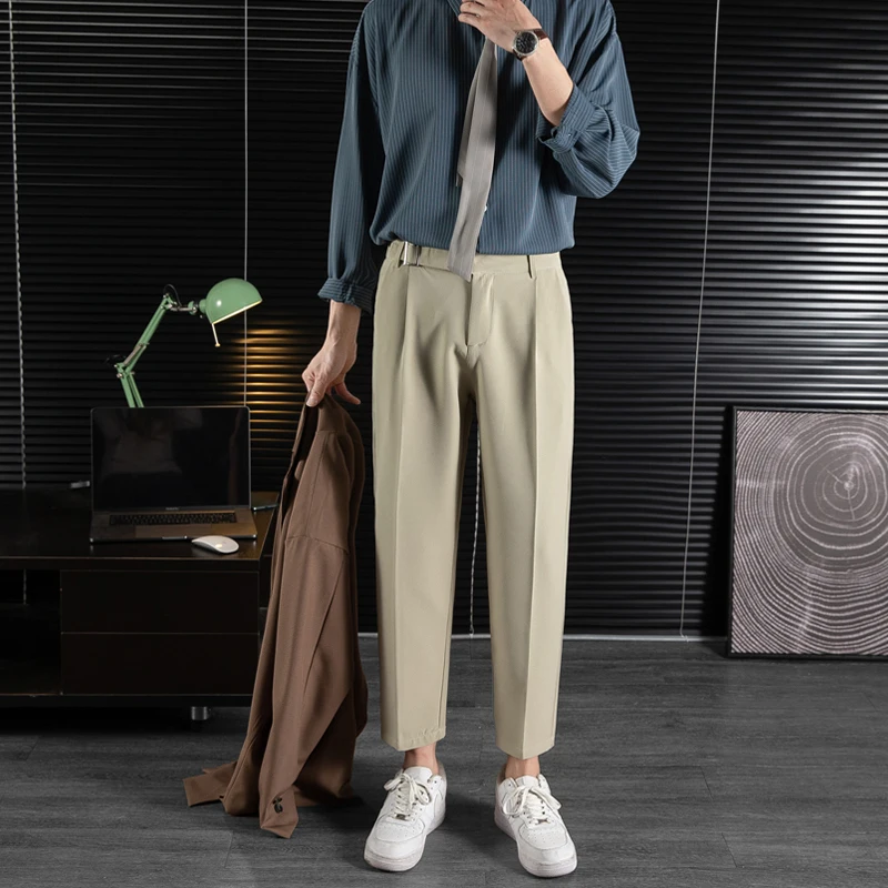 

Брюки мужские костюмные, приталенные модные однотонные деловые строгие брюки, корейские прямые повседневные мужские строгие брюки, весна-л...