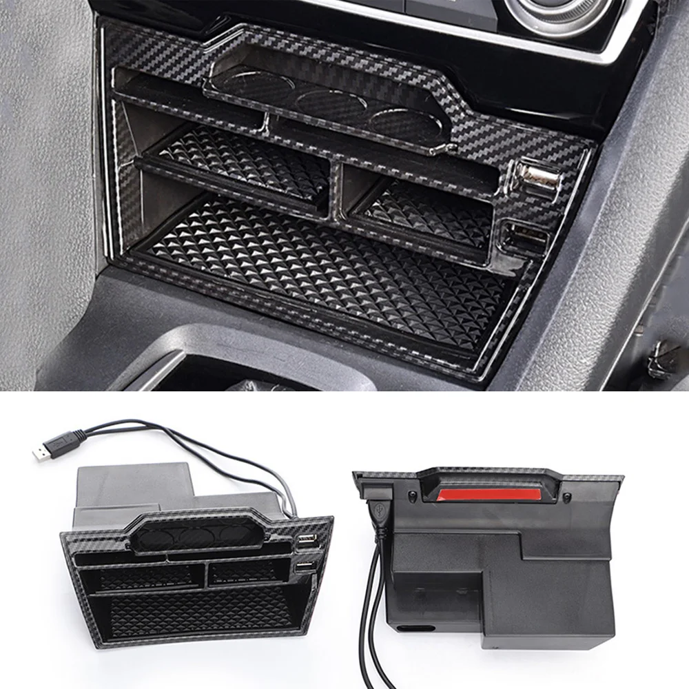 

1 Set Storage Box Car Carbon Fiber For Honda Civic With USB-LED 2016-2020 New