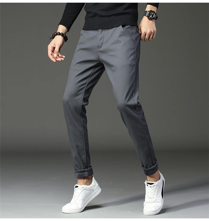 Зимние новые мужские теплые повседневные брюки бизнес мода Slim Fit стрейч плотные брюки мужские брендовые хаки ВМФ серые брюки