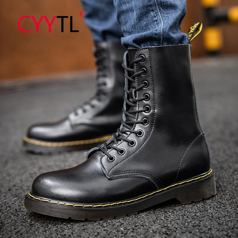 

CYYTL 2021 Winter New Boots 10 Holes Lace-Up Men Shoes Outdoor Leather Waterproof Snow Calf Motorcycle Soft Botas Warm Combat
