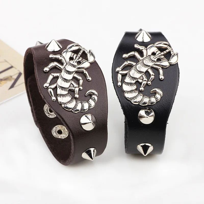 2020 новый дизайн готический панк рок Широкий кожаный заклепки Скорпион браслет