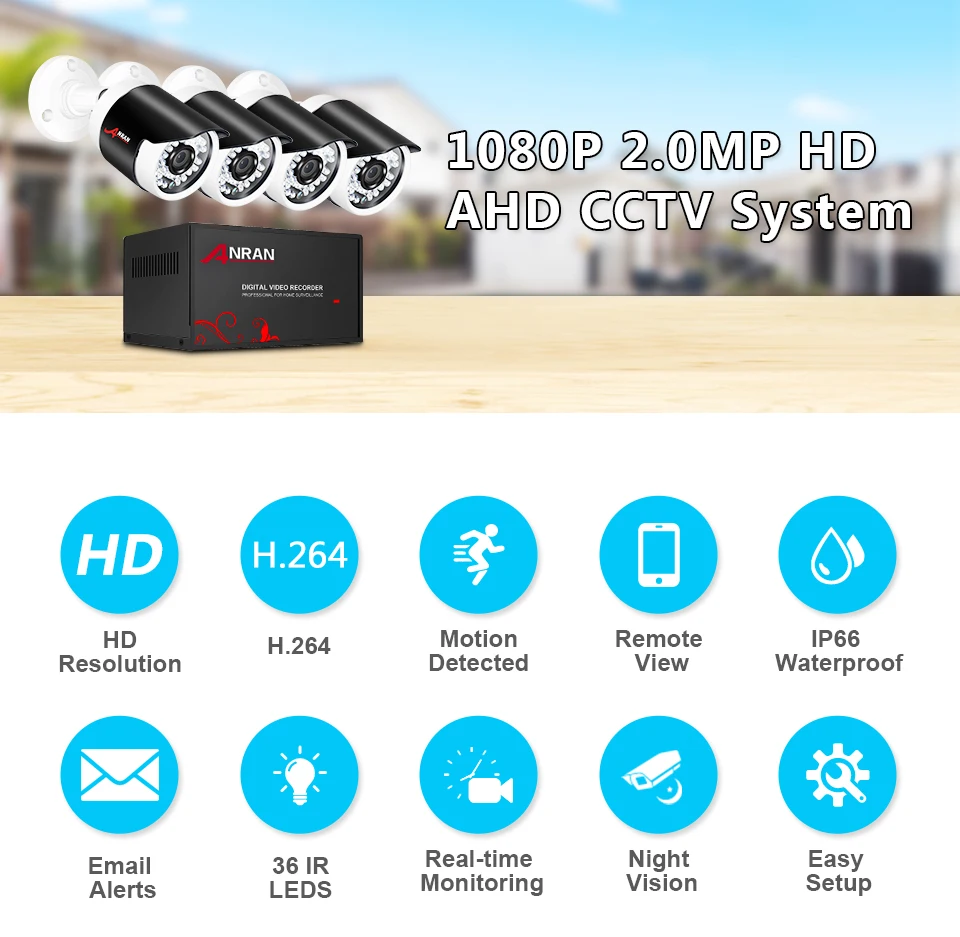 ANRAN, 1080 P, AHD камера видеонаблюдения, аналоговая, HD камера безопасности, 4CH DVR, комплект, водонепроницаемая, для улицы, CCTV, домашняя система видеонаблюдения
