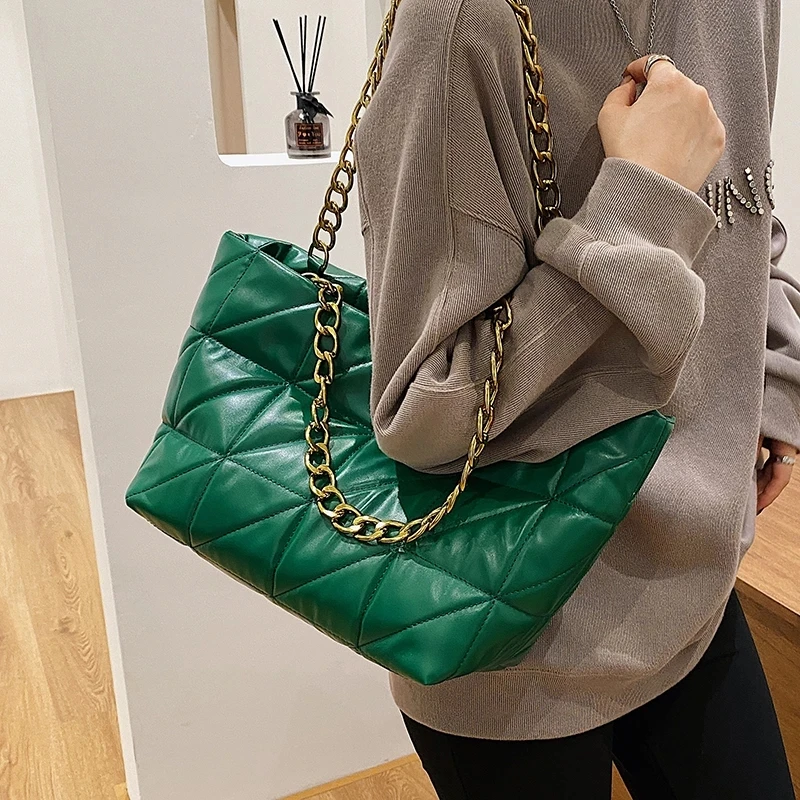 

High Capacity Big Shoulder Bags for Women 2021 Green PU Leather Women's Winter Branded Trending Chain Handbags Purses