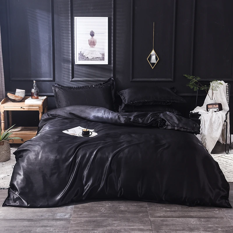 

Black Satin Silk Bedding Set Luxury Ice Silk Duvet Cover Set Bed Sheet Pillowcase Twin Full Queen King Bedclothes 2/3PCS Bed Set