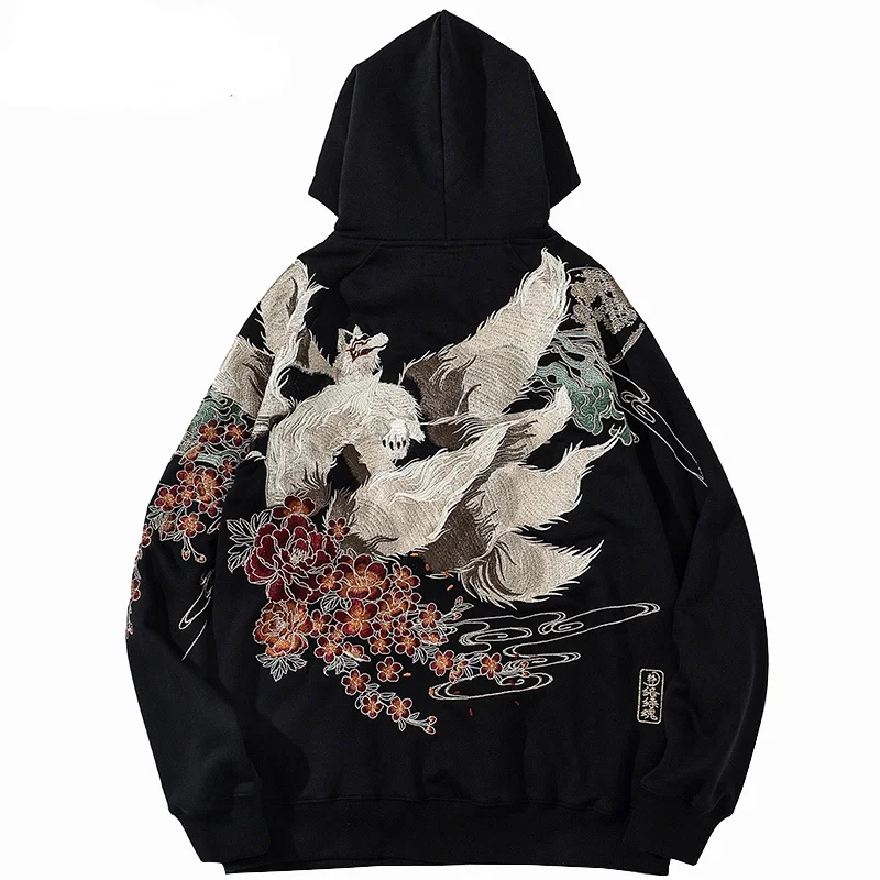 

Heavy Industry Full Embroidery Fox Flower Hoodie Sweatshirt Men 2021 Hip Hop Streetwear Pullover Autumn Harajuku Cotton Hooded