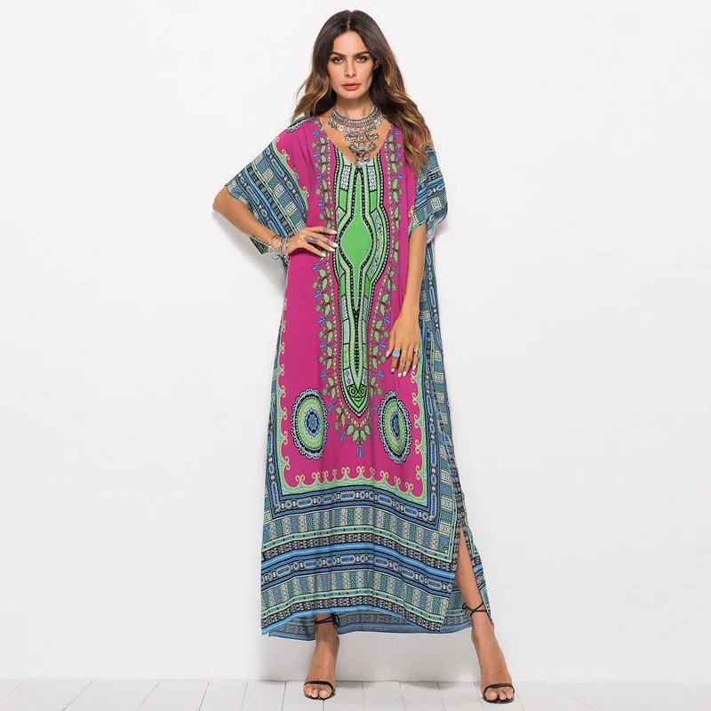 

Spring/Summer 2021 Women's Dress Large Size Loose South American Style Print Casual Fashion Dress robes Beach Dress