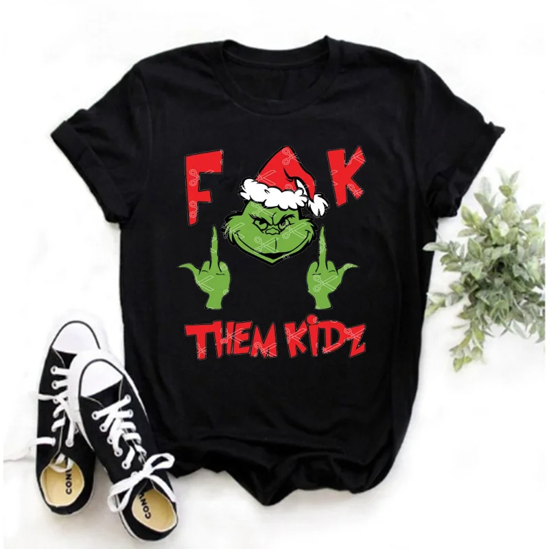 

2021 ladies new printed T-shirt Grinch Santa fuck them Kidz T-shirt