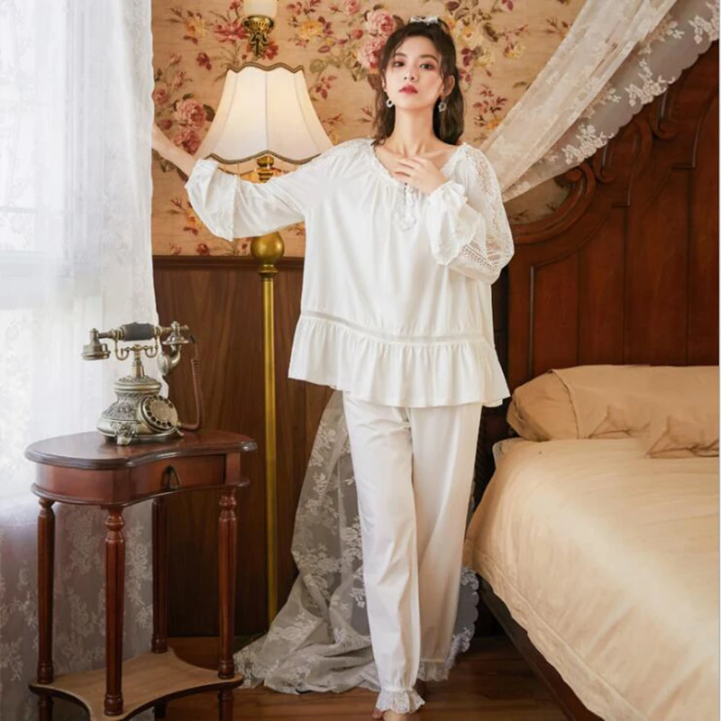 

Loose Plus Size Women Pure Cotton Full Sleeves Pajamas Lace Round Neck Princess Vintage Sleepwear Long Pants Spring Home Wear