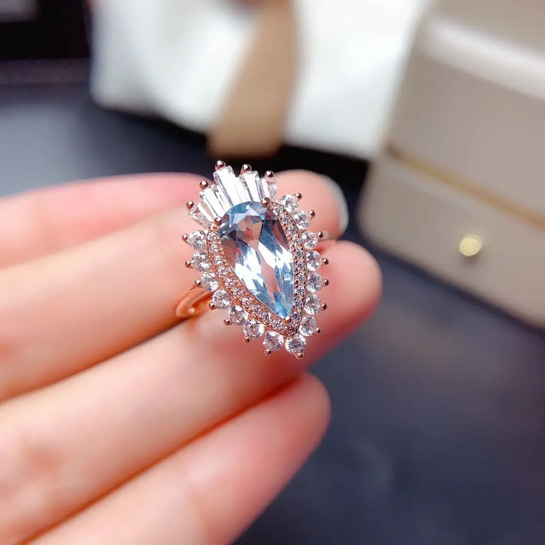 Rose Gold S925 6×12mm Natural Sky Blue Topaz Engagement Ring 925 Sterling Silver Women's Jewelry For Anniversary Party Gift