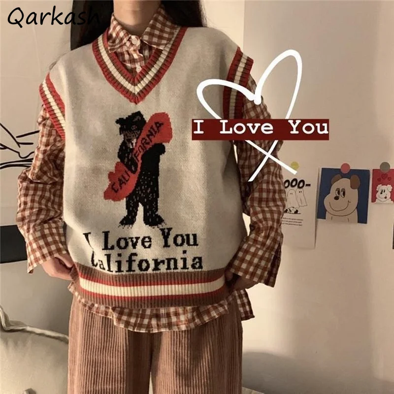 

Sweater Vest Women Autumn Loose Cartoon Cute Sweet Fashion Streetwear Preppy Style V-neck All-match Chic Daily Knitted Ulzzang