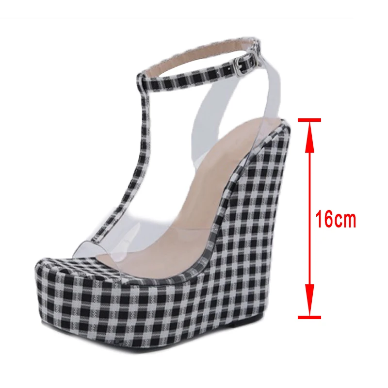 

Super High Heels Sexy Party Shoes Fashion Gingham Thick Bottom Wedges Women Sandals Transparent PVC Ankle Strap Lady Shoes 2021
