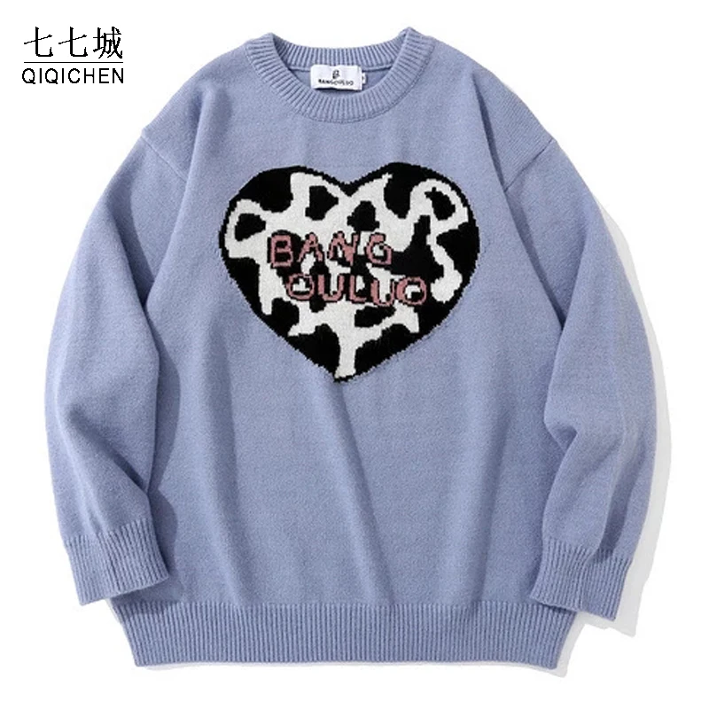 

Men Harajuku Sweater Hip Hop Heart-shaped Streetwear Knitted Jumper Sweater 2021 Loose Knitwear Autumn Cotton Pullover Unisex