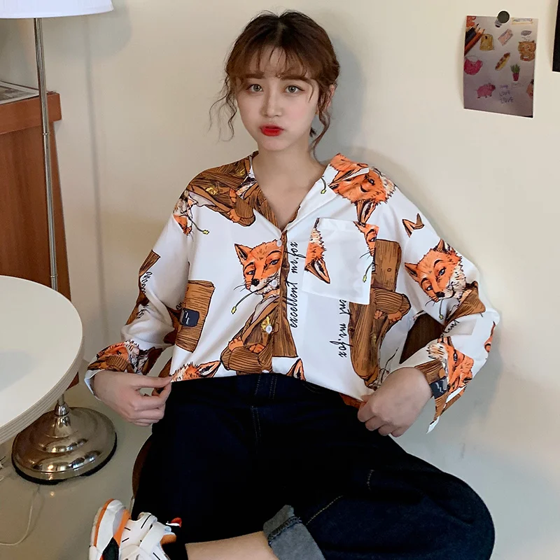 Модные рубашки с принтом лисы из мультфильма женские блузки harajuku уличная рубашка