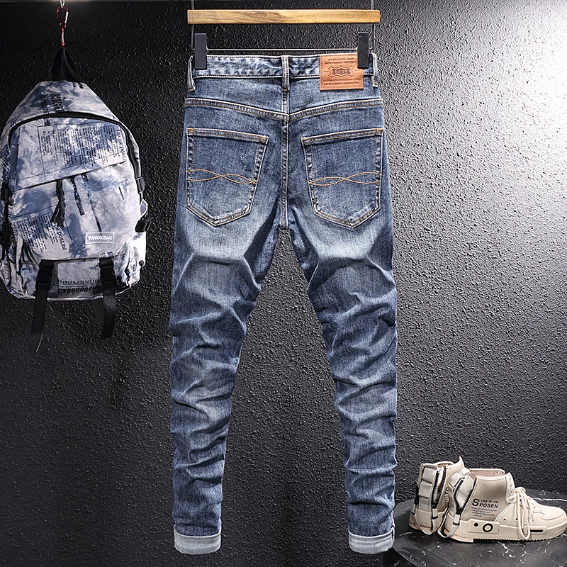 Newly Designer Fashion Men Jeans High Quality Retro Blue Elastic Slim Ripped Jeans Men Korean Style Vintage Casual Denim Pants