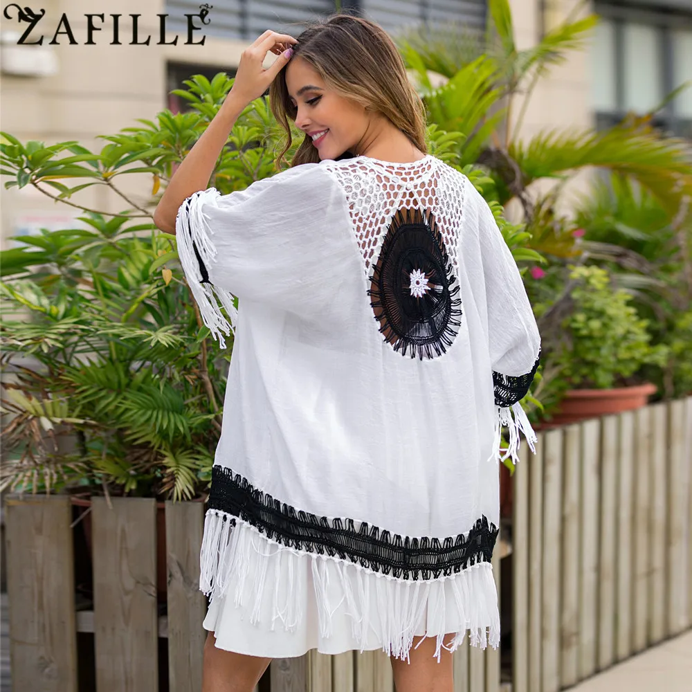 

ZAFILLE Women Beach Dress Black White Patchwork Crochet Hollow Tassel Cardigan Cover Up beachwear Summer Women pareo