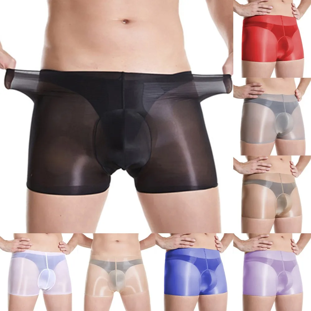 

Men Oil Shiny See Through Underwear Glossy Shorts Elastic Boxer Brief Underpant Trunk Boxer Male Erotic Lingerie Pouch Underwear