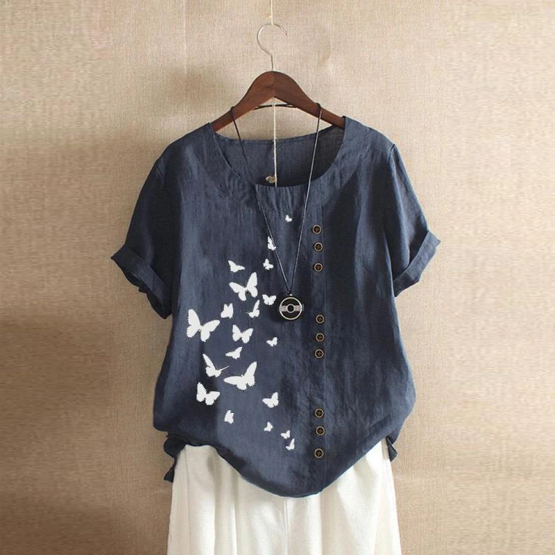 

Женская Повседневная рубашка с круглым вырезом и принтом бабочки, свободная туника на пуговицах, рубашка большого размера, льняные Топы