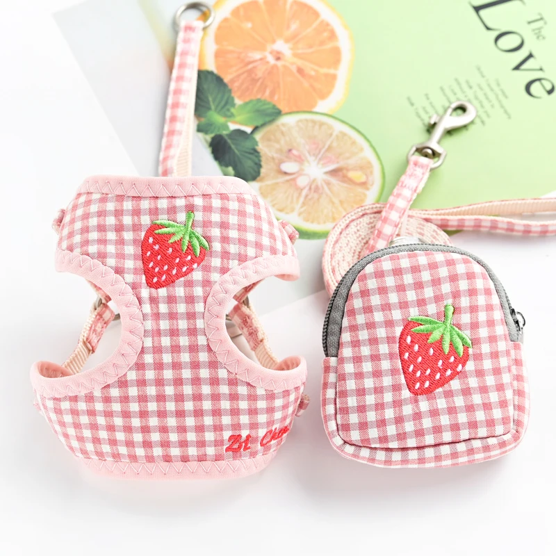 Plaid Fruit Dog Purse Carrier For Small Dogs Four Season Pet Harness Vest With Poop Bag Puppy Small Cat Walking Leash Set Goods