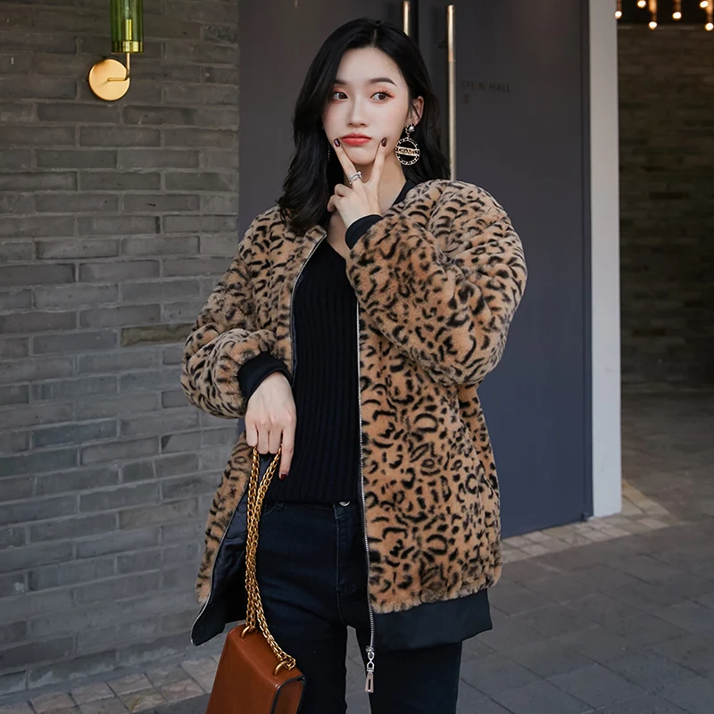 

Women Streetwear Top cashmere coat Long Sleeve Party top zipper full velvet Jacket top warm outdoor cardigan Leopard