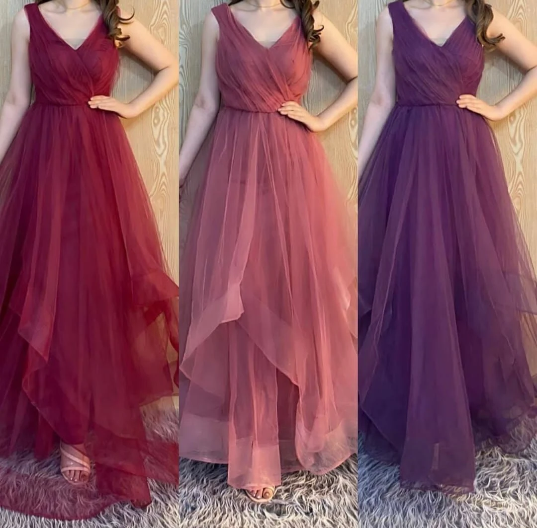 

Элегантные плиссированные вечерние платья из тюля А-силуэта, длинный корсет на спине, бордовый, с V-образным вырезом, Abendkleider Robe de Party для женщ...