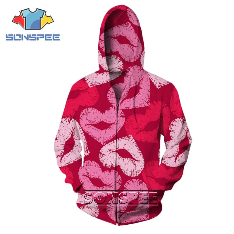 

SONSPEE Anime 3D Printing Zipper Coat Funny Lips Men Women Hoodie Harajuku Casual Long-sleeved Running Sportswear Horror