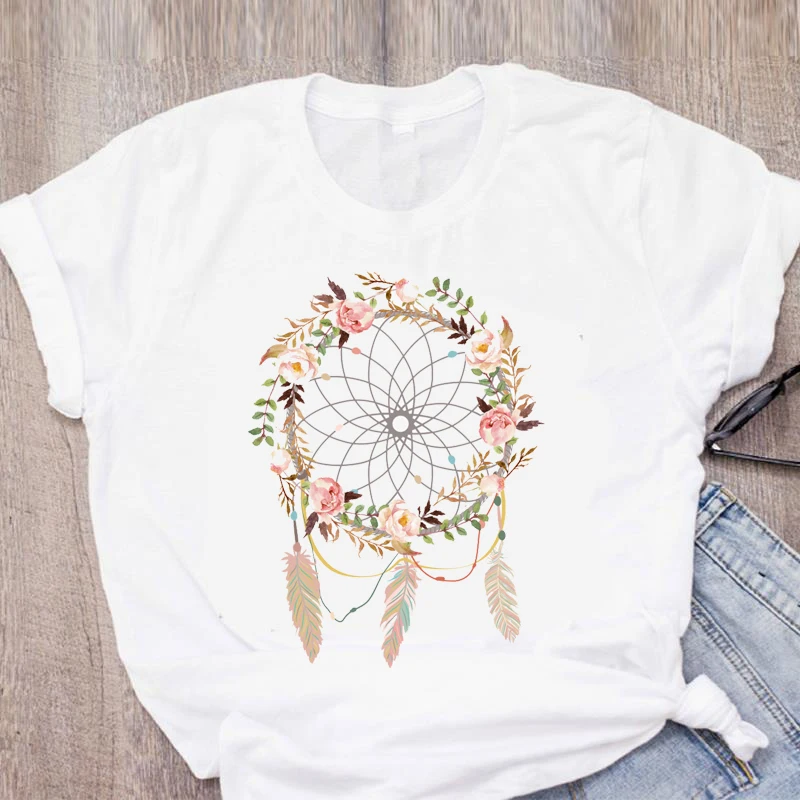 

Fairy Japanese Style Women's T-Shirt Feather Flower Dream Catcher Printed Women's Clothing 2021 Cute Soft Short Sleeve T-Shirts