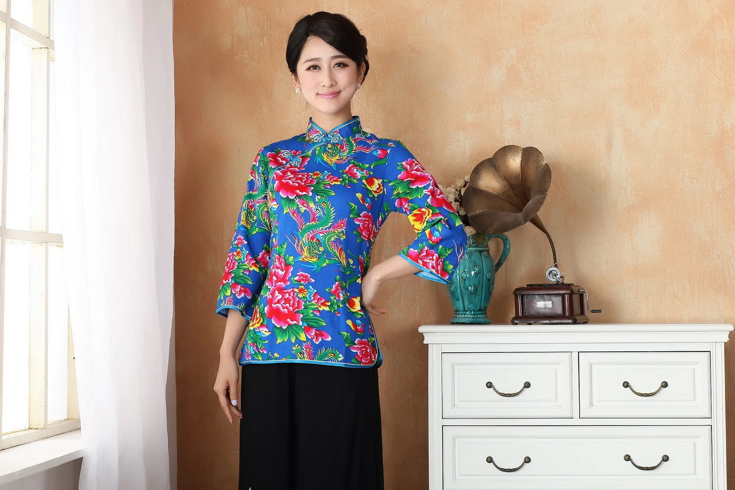 Красные синие женские китайское традиционное платье с разрезами по бокам и