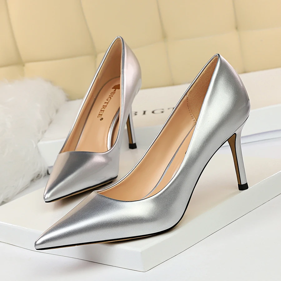 Plus Size 34-44 Hot Women Shoes Pointed Toe Pumps Patent Leather Dress High Heels Boat Wedding Zapatos Mujer 2020 Bigtree Shoes