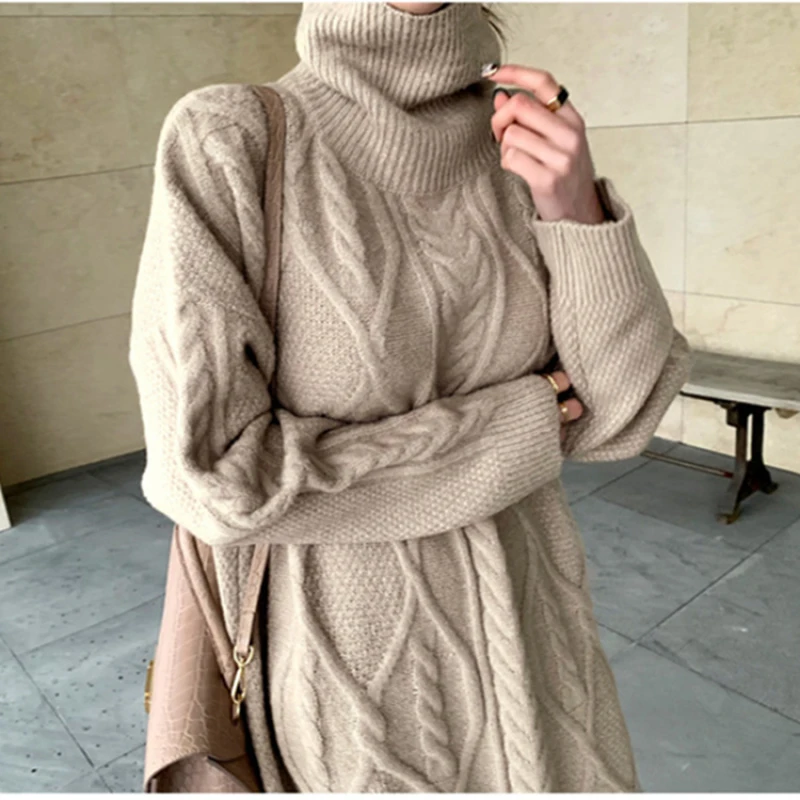 

FMFSSOM Jumper Loose Elegant Fashiond Solid Pullover Sweater Dress Women Winter Vintage Knitted Autumn Korean Thick Cute