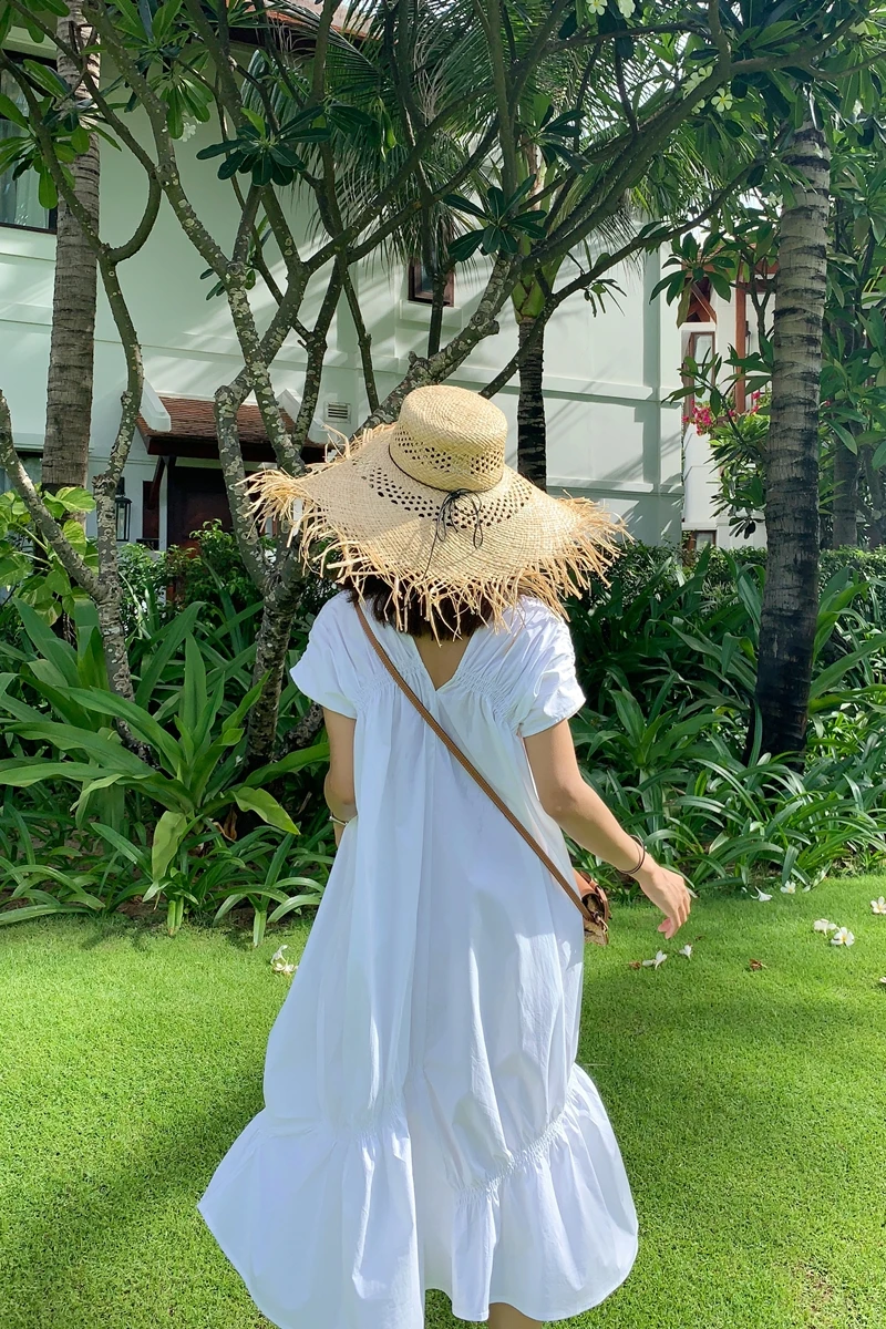 

Pure White Yuanqi Holiday Style Pleated Bubble Skirt Dress Summer 2021