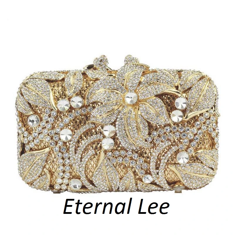 

Women Champagne Evening Purses and Handbags Wedding Party Dinner Crystal Flower Clutch Bags Minaudiere Bag