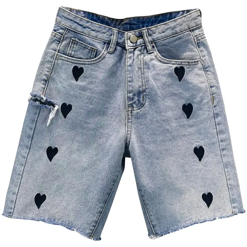 

Woman's Love Embroidered Denim Shorts Cropped Pants 2021 Summer New High Waist Slimming Jeans Nancylim