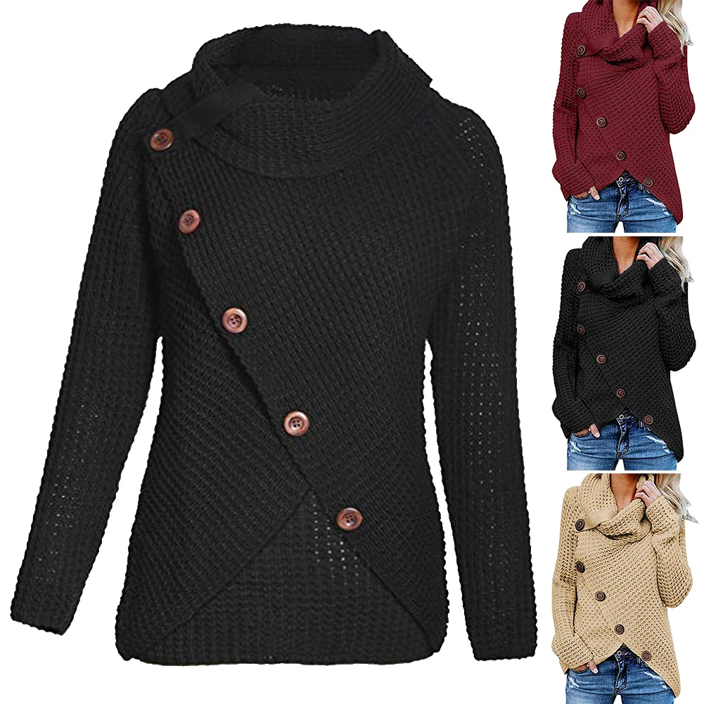 Warm High Collar Button Party Hip Long Sleeve Shopping Casual Solid Daily Autumn Winter Women Sweater Loose Dating | Женская одежда