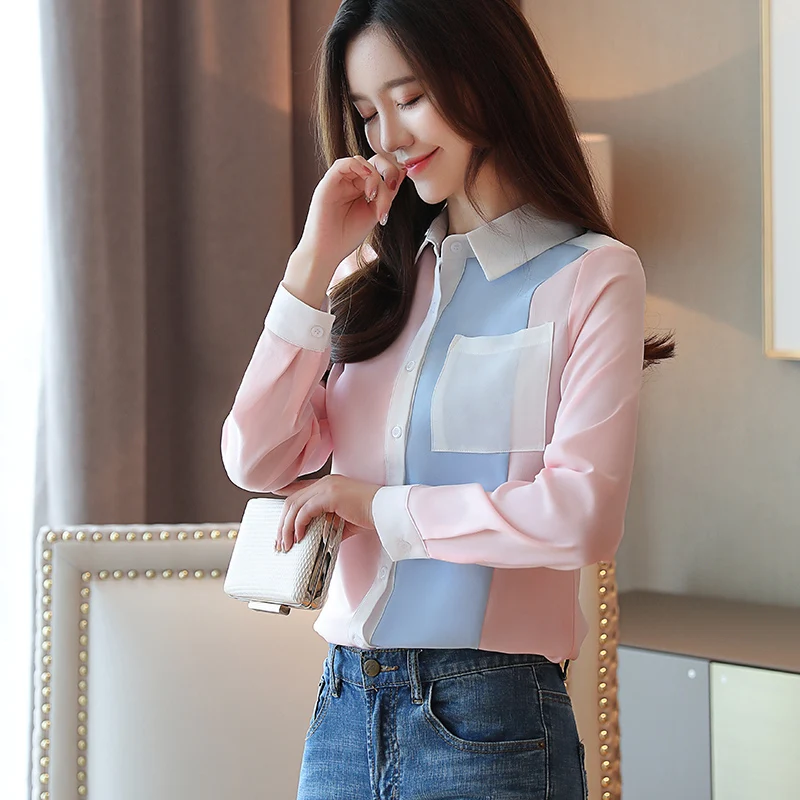 Корейские женщины моды топы и блузки шифон офис леди женские рубашки дамы