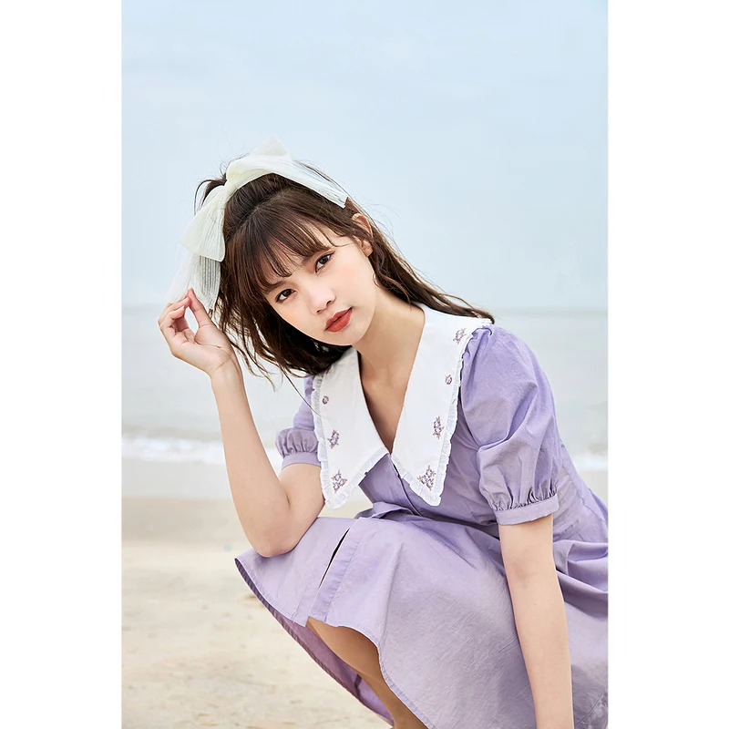 

INMAN Vintage Style One-Piece Summer Elegant Artsy Lantern Sleeve Front Drape Button Up Turn Down Flower Embroidery Collar Dress
