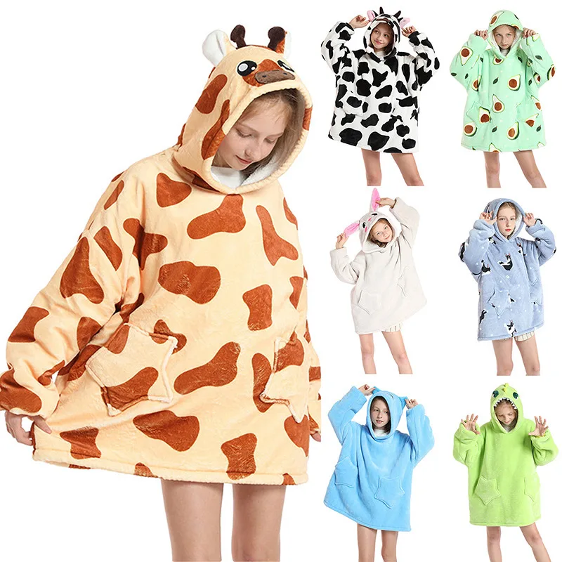 

Winter Sofa TV Blanket Kids Oversized Loose Hoodie Boy Girl Sweatshirt Dinosaur Hoodies Warm Sherpa Blankets With Sleeve