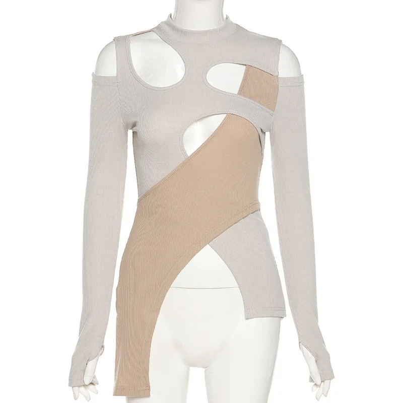 

Goth Dark Grunge Techwear Gothic Women Bodycon T-Shirts Punk Patchwork Hollow Out Long Sleeve Tops Hip Hop Summer Streetwear Tee