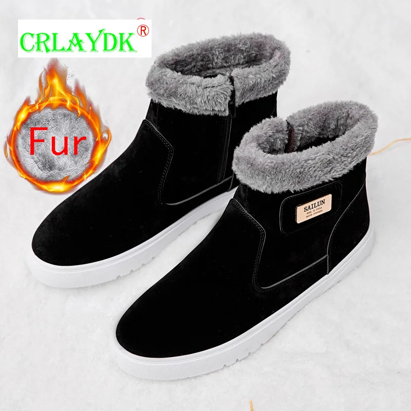 

CRLAYDK Winter Men's Ankle Snow Boots Side Zipper Casual Non Slip Outdoor Shoes Fully Fur Lined Suede Leather Insulated Booties
