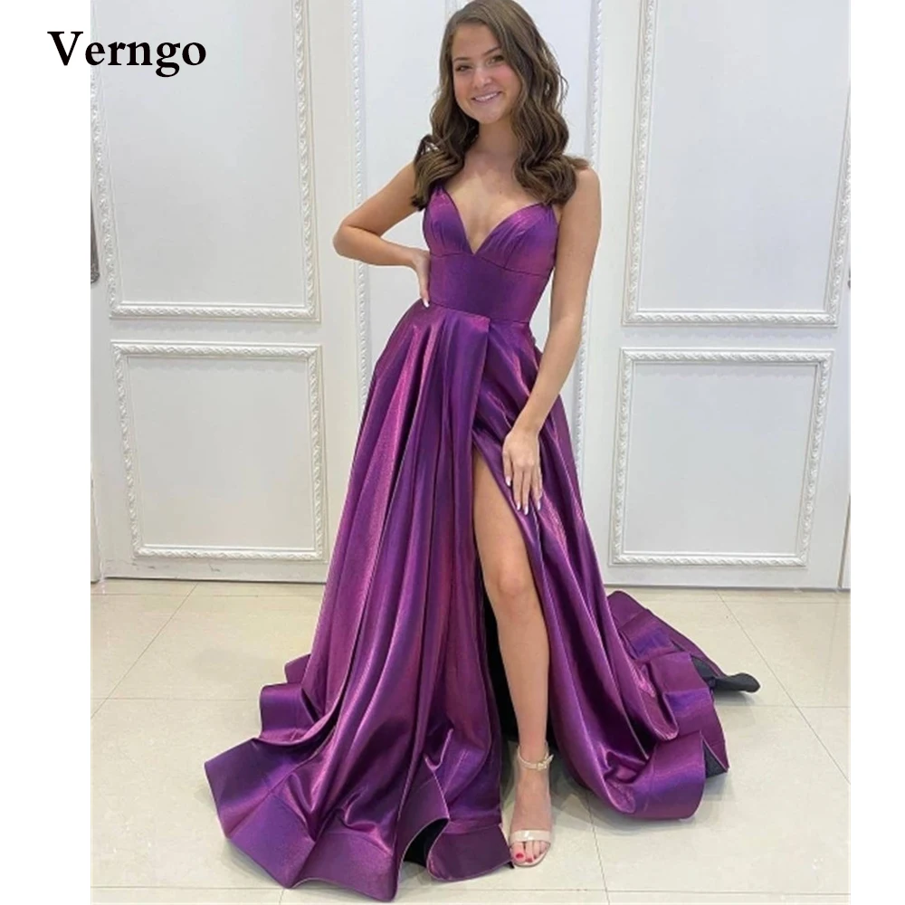 

Темно-фиолетовые яркие атласные длинные вечерние платья Verngo, модные платья на тонких бретелях с разрезом для выпускного вечера, официально...