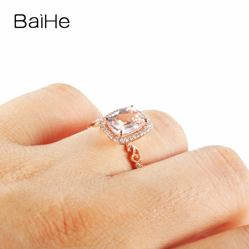 BAIHE Solid 14k розовое золото обручальное кольцо 6x8 мм Подушка 1.28ct натуральный морганит романтическая мода ювелирные изделия 0.12ct SI бриллианты