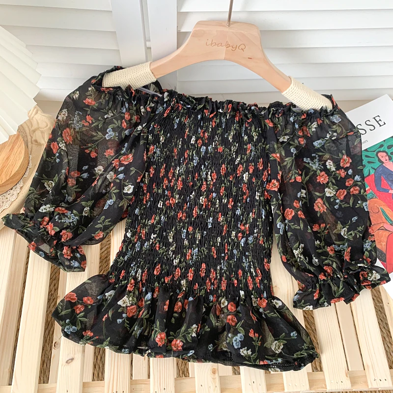 

2021 Summer New Floral Off-shoulder One-word Neck Fungus Folds Slim Slimming Ruffled Chiffon Shirt Women