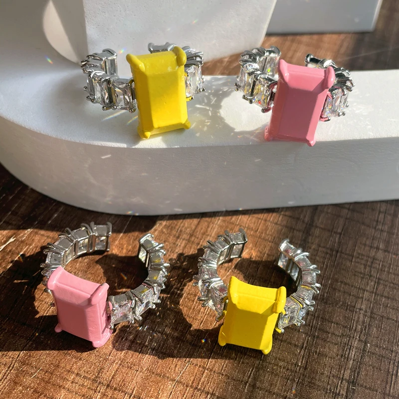 Neue Trendy Quadrat Farbe Ring Bunte Zirkon Strass Unregelmäßigen Emaille Tropfen Glasur Ring Für Frauen Mädchen Schmuck HUANZHI 2021