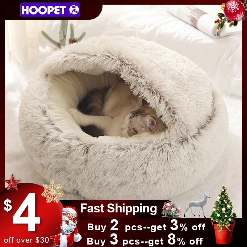 Кровать для кошек и собак HOOPET, 2 в 1, мягкая, длинная, плюшевая, круглые плюшевые - изображение