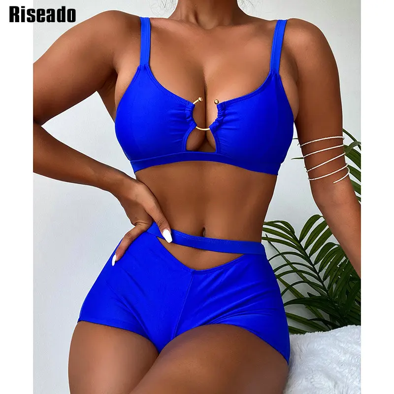 

Riseado High Waist Women's Bikini Sexy Ring Linked Swimwear for Women Boyshort Swimsuit 2022 Solid Biquini Set Cut Out Beachwear