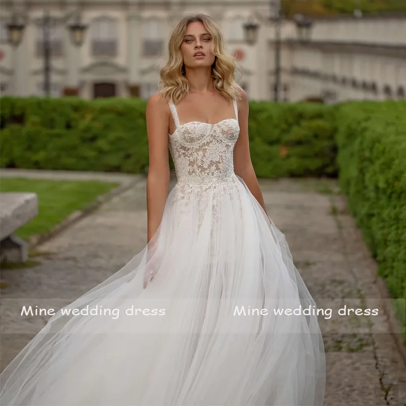 

Sweetheart Straps Appliques Lace A-Line See Through Split Skirt Tulle Wedding Dress 2021 Vestido De Noiva Bridal Gown