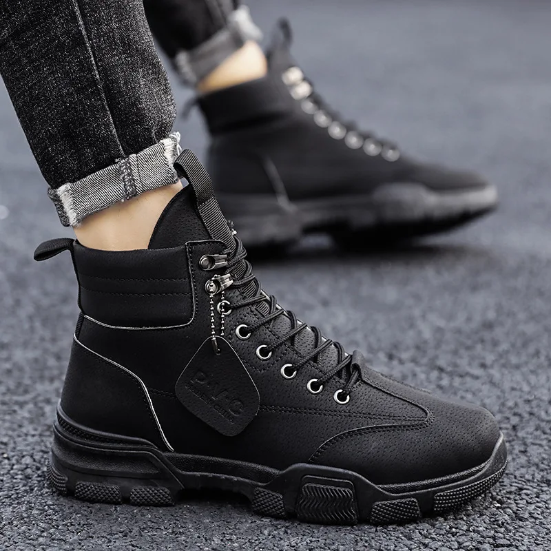 Мужские однотонные кожаные кроссовки, повседневная водонепроницаемая обувь на шнуровке, на толстой подошве, черные, размеры 39-44, Осень-зима от AliExpress WW