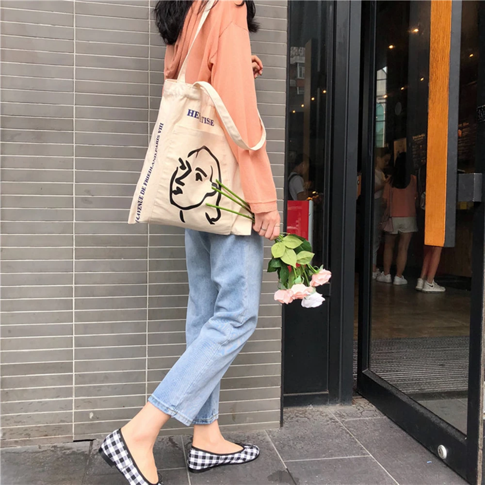 

Large Capacity Women Canvas Bag Tote Stick Figure Printed Shoulder Bags Handbag Eco Cloth Fabric Shopping Bags for Girls Shopper