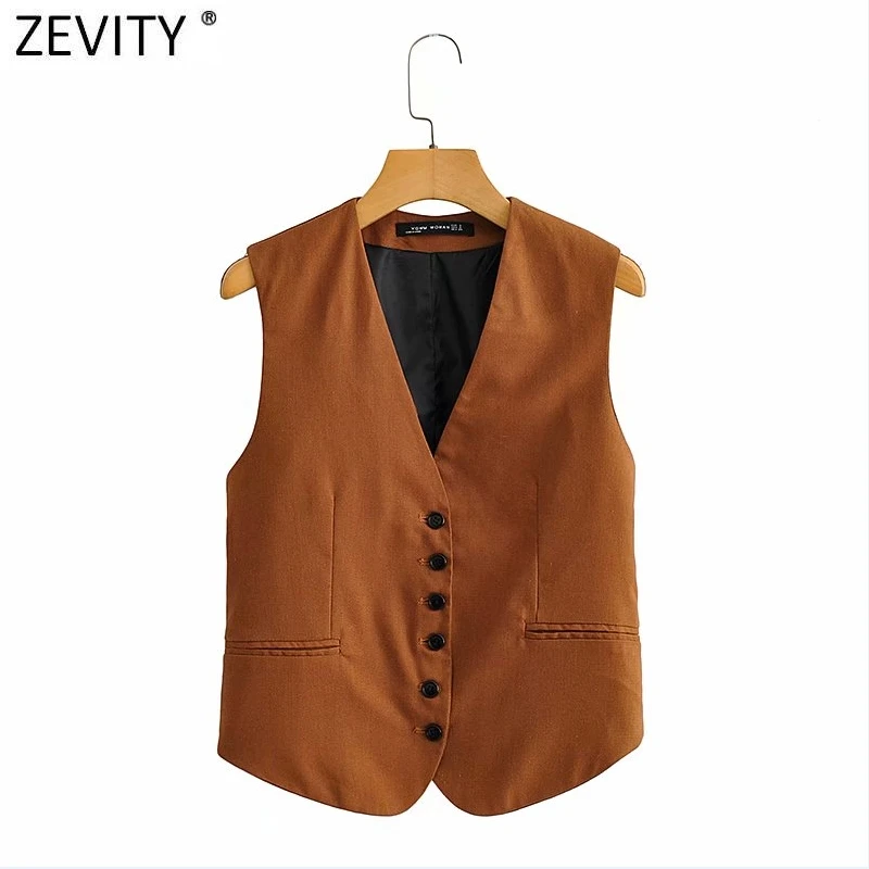 

Zevity Women V Neck Solid Color Slim Linen Vest Jacket Ladies Retro Sleeveless Single Breasted Casual WaistCoat Chic Tops CT706