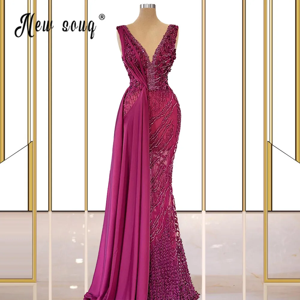 

Elegant V Neck Beaded Mermaid Prom Gowns 2021 Unique Design Middle East Dubai Vestidos De Fiesta Evening Dress Robe Soiree
